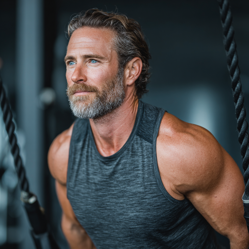 Mature man in his forties performing functional training exercises in a modern gym setting