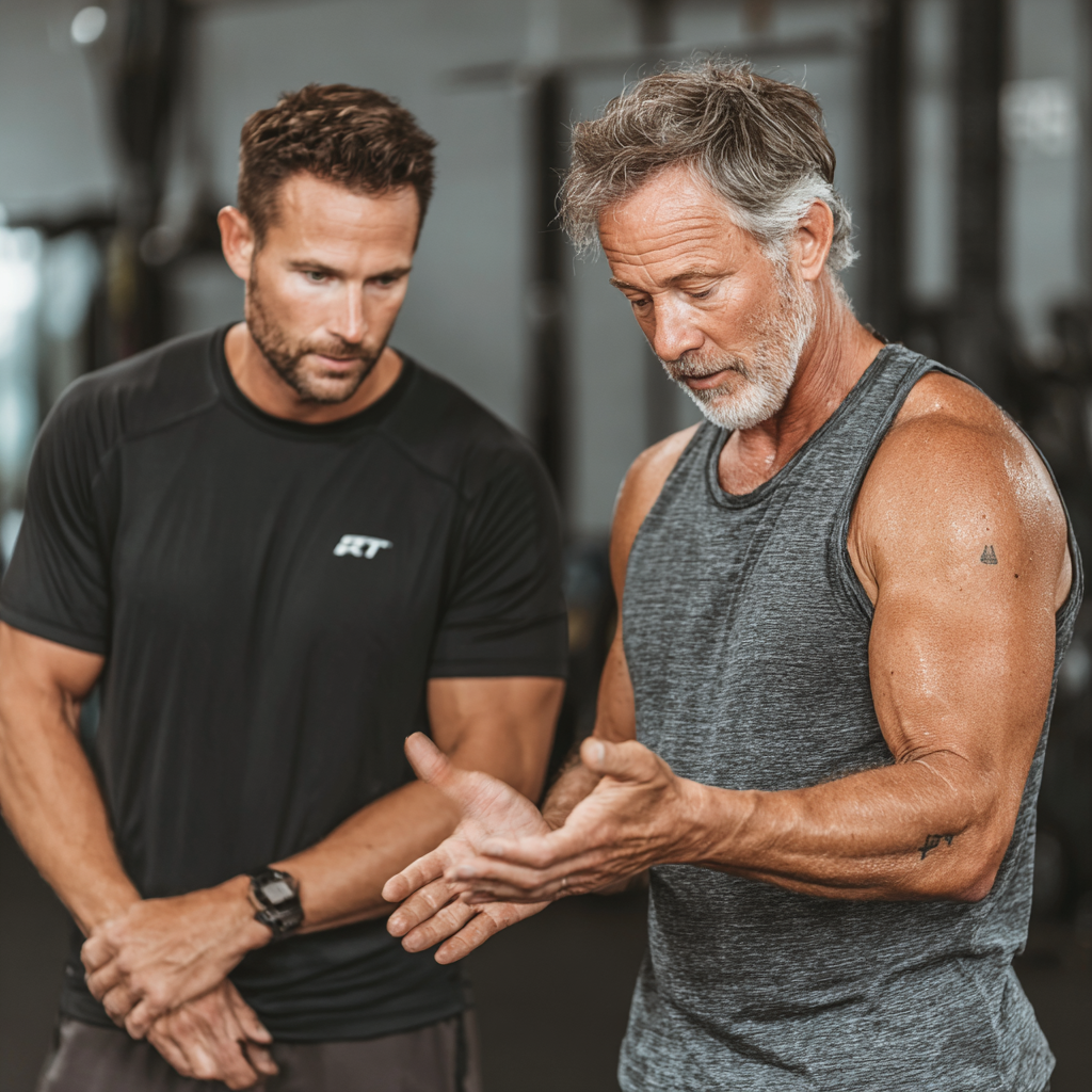 Professional male trainer in his forties demonstrating proper functional movement techniques to a mature client